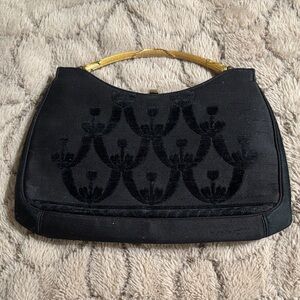 Elegant Black Velvet Top-Handle Bag with Gold Accent